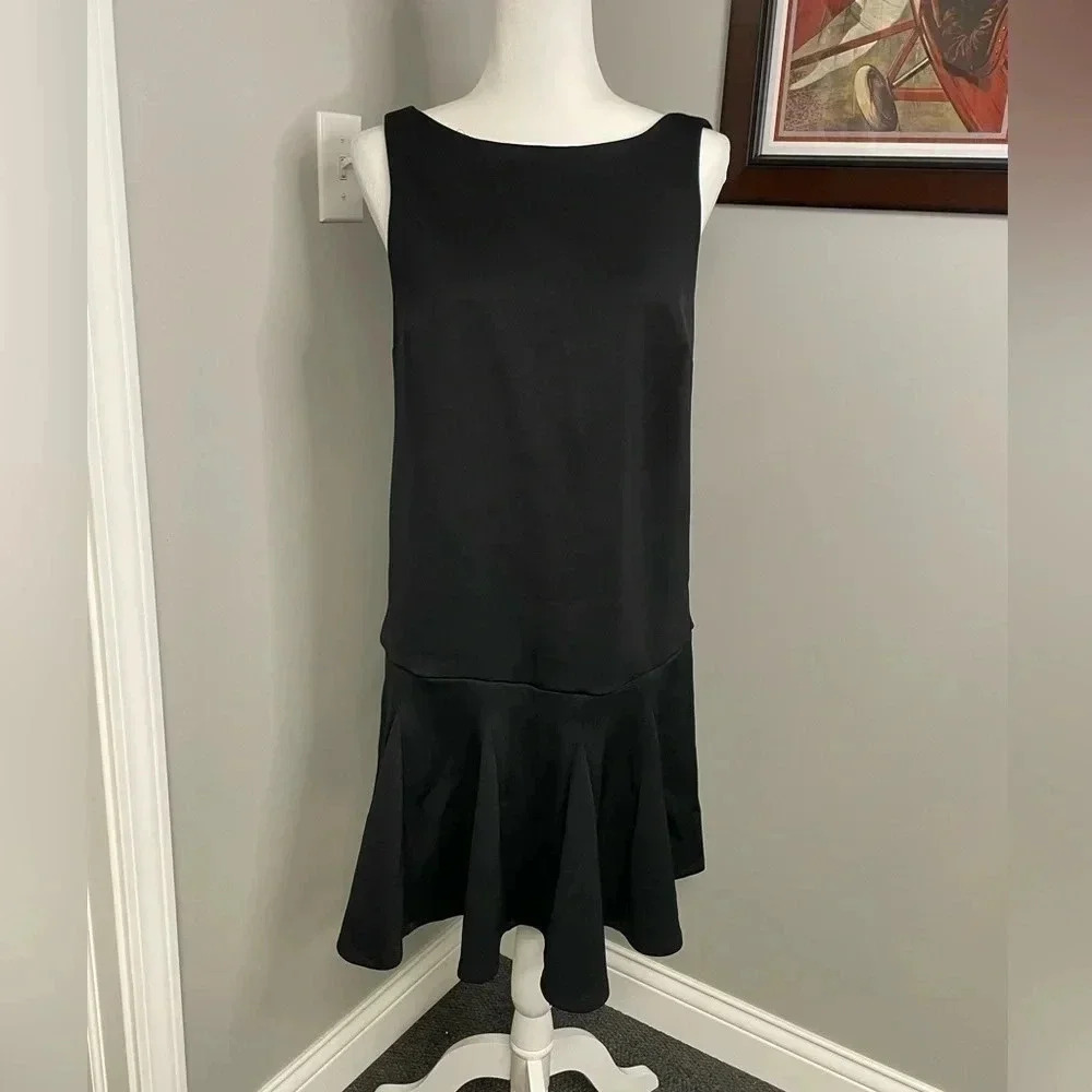 ASOS Black Peplum style dress Womens Midi Ruffle Size 10 Scuba Vneck Sleeveless